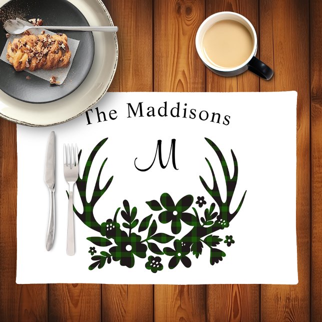 Monogram Rustic Antlers Buffalo Check Green Black  Placemat (Creator Uploaded)