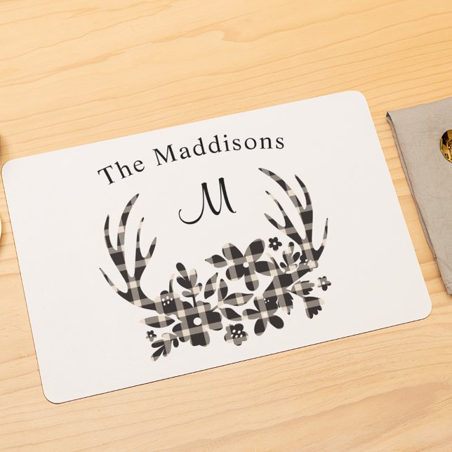 Monogram Rustic Antlers Buffalo Check Ivory Black Placemat (Creator Uploaded)