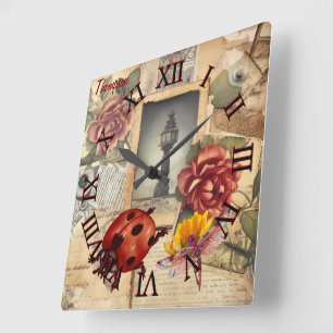 Monogram rustic background floral and dragonfly square wall clock