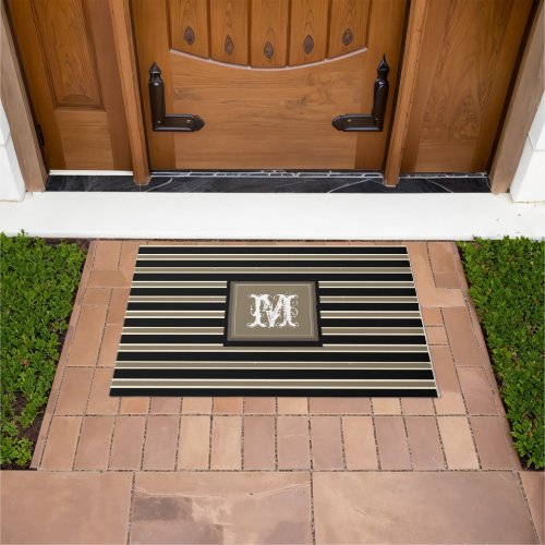 Monogram Rustic Black White Brown Striped Chic  Doormat