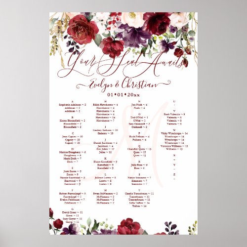 Monogram Rustic Bloom Blush Burgundy Dusty Purple Poster