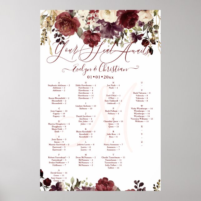Monogram Rustic Bloom Blush Burgundy Fall Color Poster (Front)