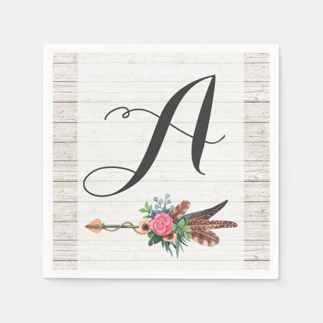 Monogram Rustic Bohemian Feathers Arrow Wedding Paper Napkins (Front)