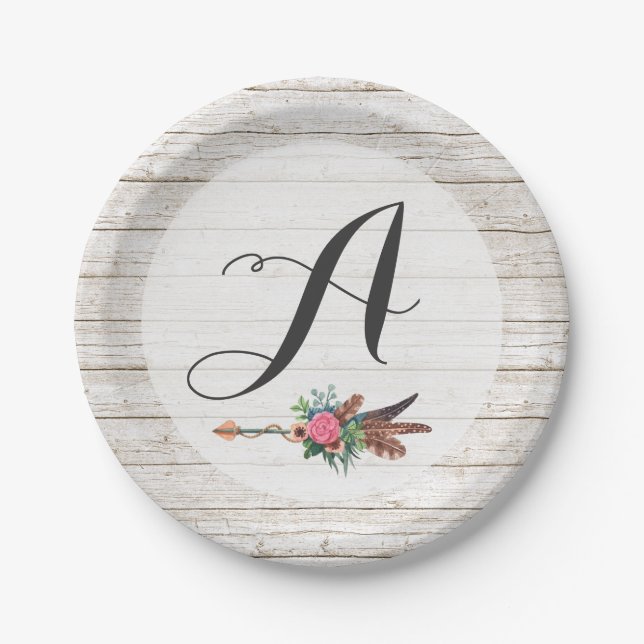 Monogram Rustic Bohemian Feathers Arrow Wedding Paper Plates (Front)