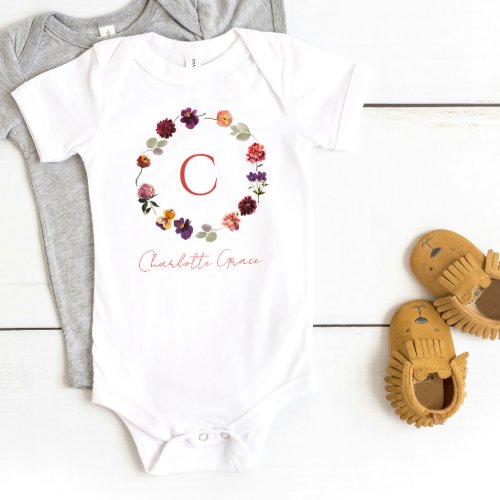 Monogram Rustic Boho Floral Watercolor Wreath  Baby Bodysuit