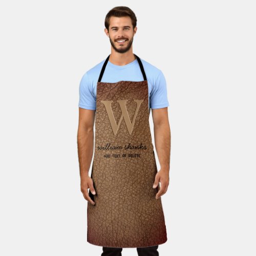 Monogram rustic brown leather black gold script  apron