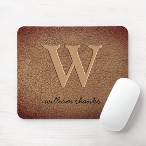Monogram rustic brown leather gold script name mouse pad