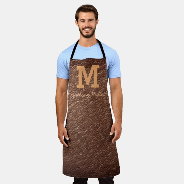 Monogram Rustic Brown Leather Name Script Modern Apron (Worn)