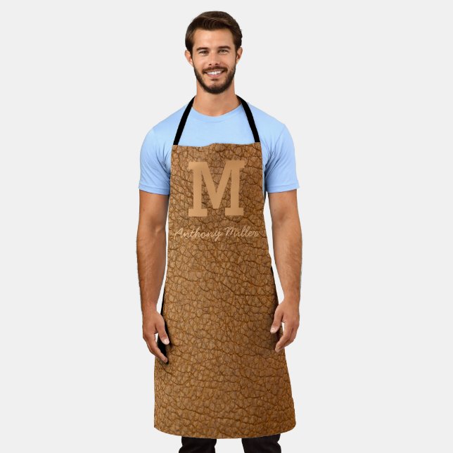 Monogram Rustic Brown Leather Name Script Modern Apron (Worn)