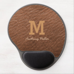 Monogram Rustic Brown Leather Name Script Modern Gel Mouse Pad
