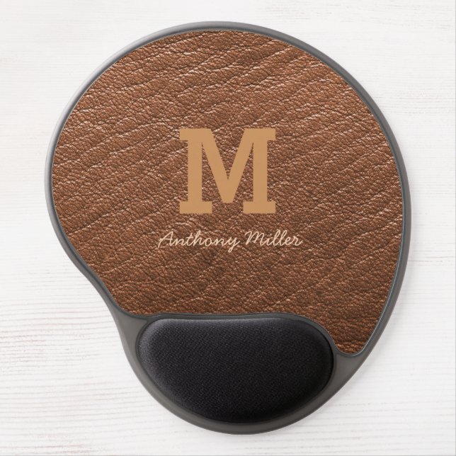 Monogram Rustic Brown Leather Name Script Modern Gel Mouse Pad (Front)