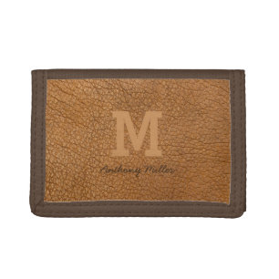 Monogram Rustic Brown Leather Name Script Modern Tri-fold Wallet