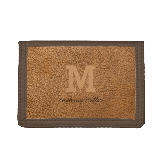 Monogram Rustic Brown Leather Name Script Modern Tri-fold Wallet (Front)