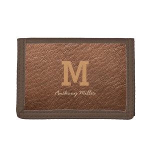 Monogram Rustic Brown Leather Name Script Modern Tri-fold Wallet