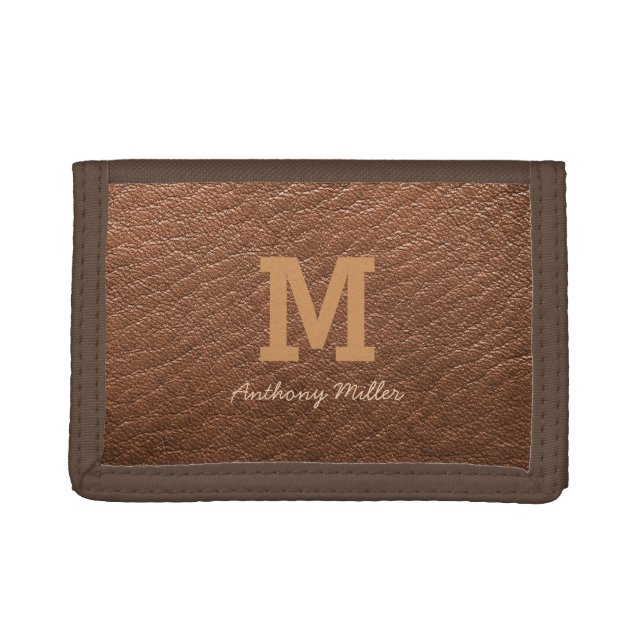 Monogram Rustic Brown Leather Name Script Modern Tri-fold Wallet (Front)