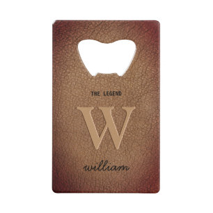 Monogram rustic brown leather stylish script name credit card bottle opener