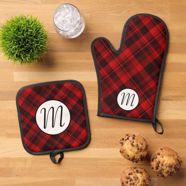 Monogram Rustic Buffalo Plaid Christmas Oven Mitt & Pot Holder Set (Top Down)