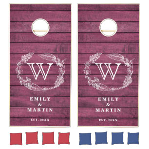 Monogram Rustic Burgundy Red Wood Garland  Cornhole Set