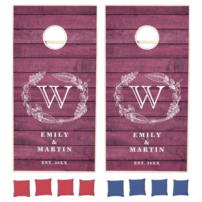 Monogram Rustic Burgundy Red Wood Garland  Cornhole Set (Set)