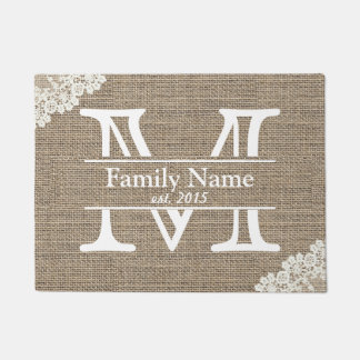 Monogram Rustic Burlap & Lace Family Name Doormat