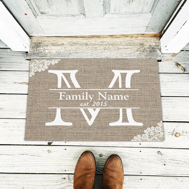 Monogram Rustic Burlap & Lace Family Name Doormat (Creator Uploaded)