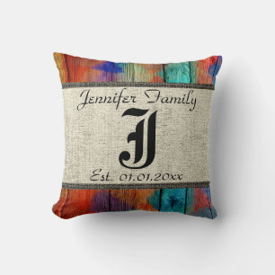 Monogram Rustic Burlap Paint Wood Look #2 Throw Pillow