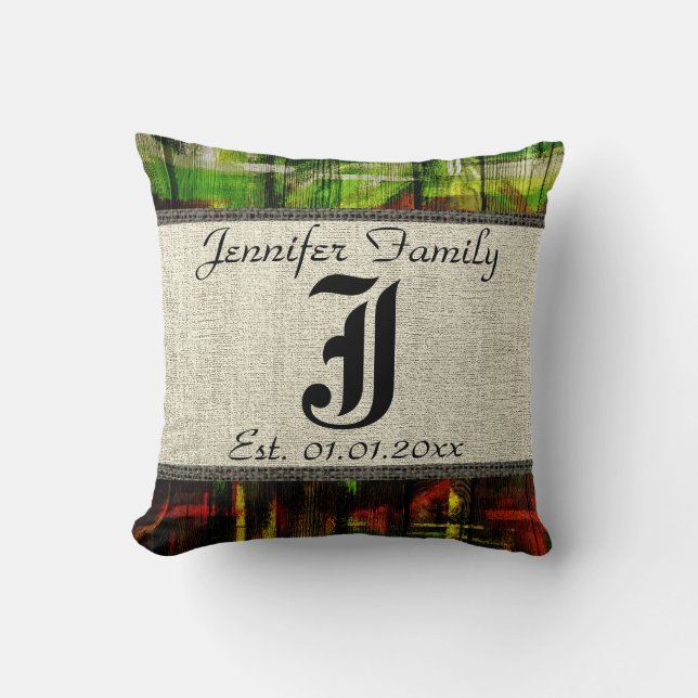 Monogram Rustic Burlap Paint Wood Look #5 Throw Pillow (Front)