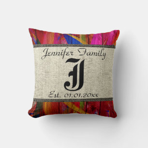 Monogram Rustic Burlap Paint Wood Look #6 Throw Pillow