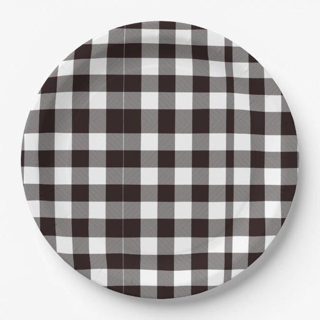 Monogram Rustic Chic Brown and White Plaid  Paper Plates (Front)