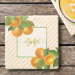 Monogram rustic citrus oranges watercolor stripes  stone coaster<br><div class="desc">Relax with your favorite beverage and protect your furniture with this beautiful, chic, simple, modern, custom monogram name stone coaster. Fresh watercolor oranges and green leaves, along with grass green handwritten script typography, overlay a light orange yellow pinstripe pattern. Personalize with your name and monogram initial. Makes a stylish statement...</div>