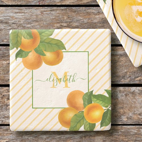 Monogram rustic citrus oranges watercolor stripes  stone coaster