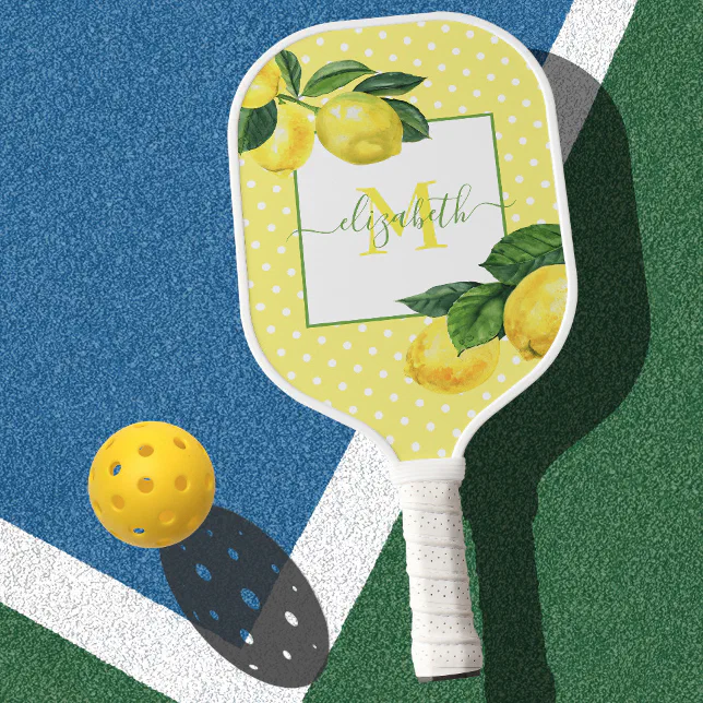 monogram-rustic-country-lemon-watercolor-polka-dot-pickleball-paddle