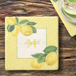 Monogram rustic country lemon watercolor polka dot stone coaster<br><div class="desc">Relax with your favorite beverage and protect your furniture with this beautiful, chic, simple, modern, custom monogram name stone coaster. Fresh, rustic, country watercolor lemons and green leaves, along with grass green handwritten script typography, overlay white polka dots on a light yellow background. Personalize with your name and monogram initial....</div>