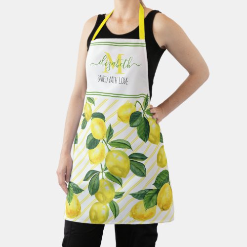 Monogram rustic country lemons watercolor stripes apron