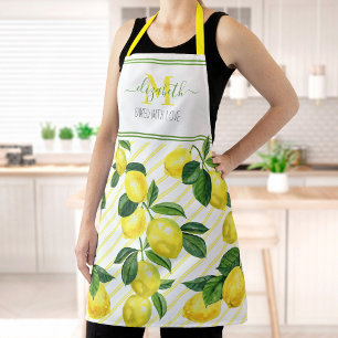 Monogram rustic country lemons watercolor stripes apron
