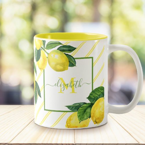Monogram rustic country lemons watercolor stripes Two_Tone coffee mug