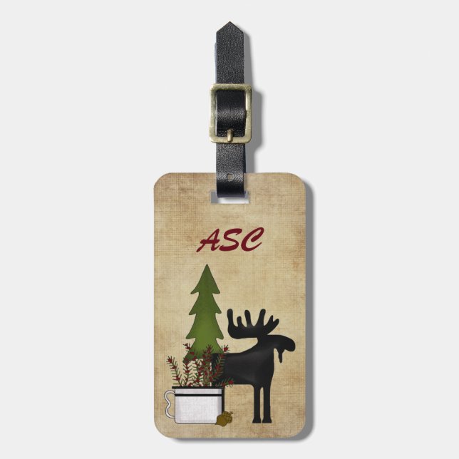 Monogram Rustic Country Mountain Silhouette Moose Luggage Tag (Front Vertical)