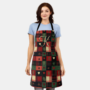Monogram Rustic Country Red Green Plaid Hearts  Apron