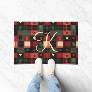 Monogram Rustic Country Red Green Plaid Hearts Doormat