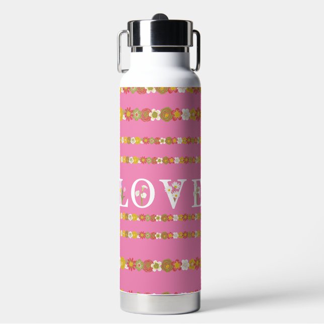 Monogram Rustic Daisy Floral Love Pink  Water Bottle (Front)