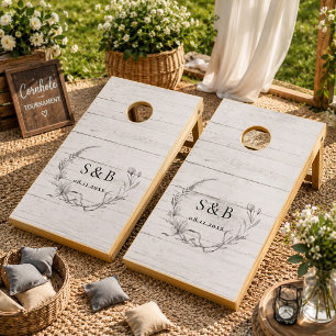 Monogram Rustic Elegant Floral White Wood Wedding Cornhole Set