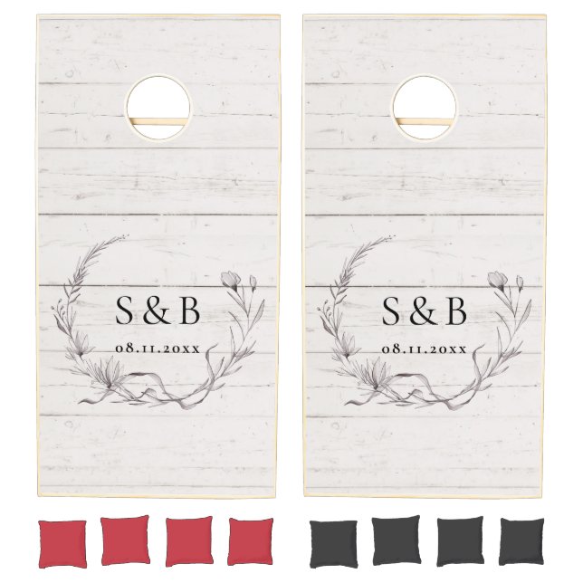 Monogram Rustic Elegant Floral White Wood Wedding Cornhole Set (Set)