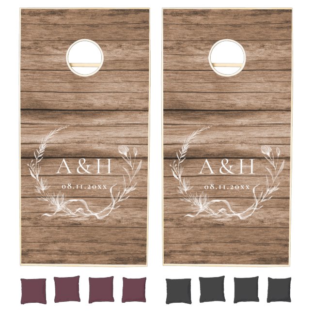 Monogram Rustic Elegant Floral Wreath Wood Wedding Cornhole Set (Set)