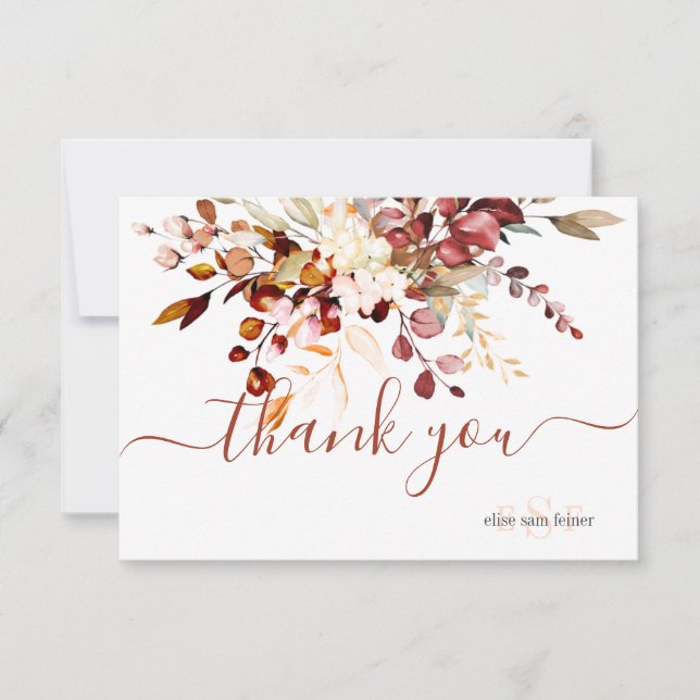 Monogram Rustic Eucalyptus Fall Foliage Thank You Card (Front)
