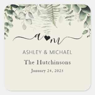 Monogram Rustic Eucalyptus Wedding Square Sticker