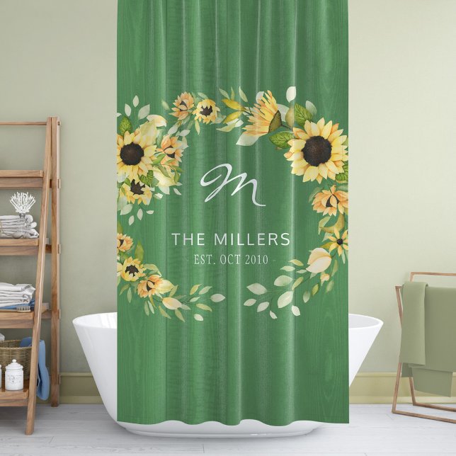 Monogram rustic farmhouse sunflowers wreath green shower curtain (Creator Uploaded)