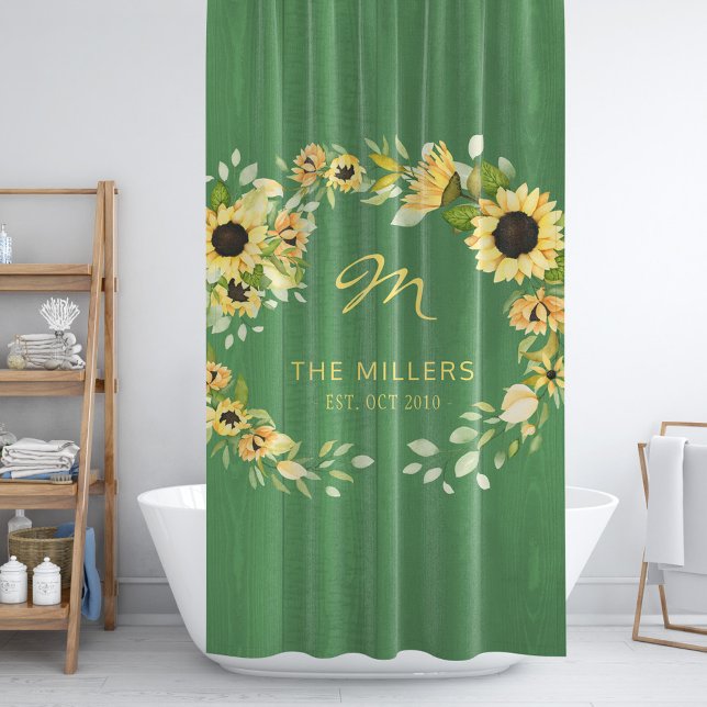 Monogram rustic farmhouse sunflowers wreath green shower curtain (Creator Uploaded)
