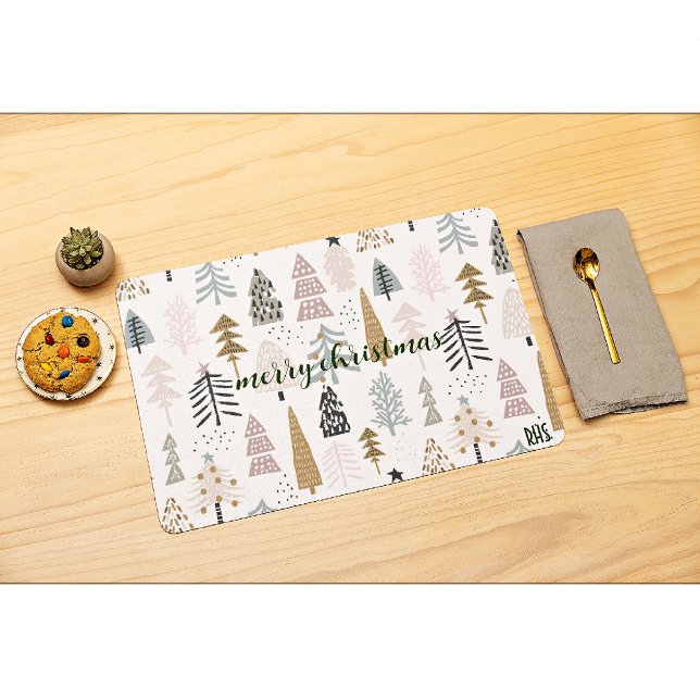 Monogram, Rustic Farmhouse Winter Trees Cloth Placemat (Creator Uploaded)