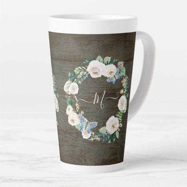 Monogram Rustic Floral Butterfly Watercolor Wood Latte Mug (Right Angle)