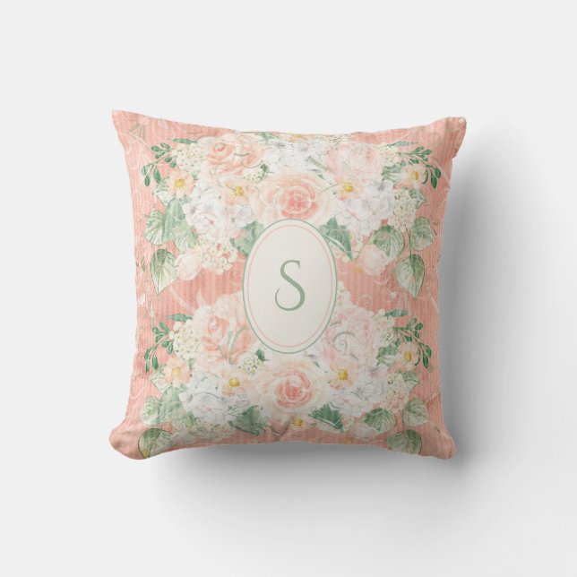 Monogram Rustic Floral Green Peach Throw Pillow (Front)